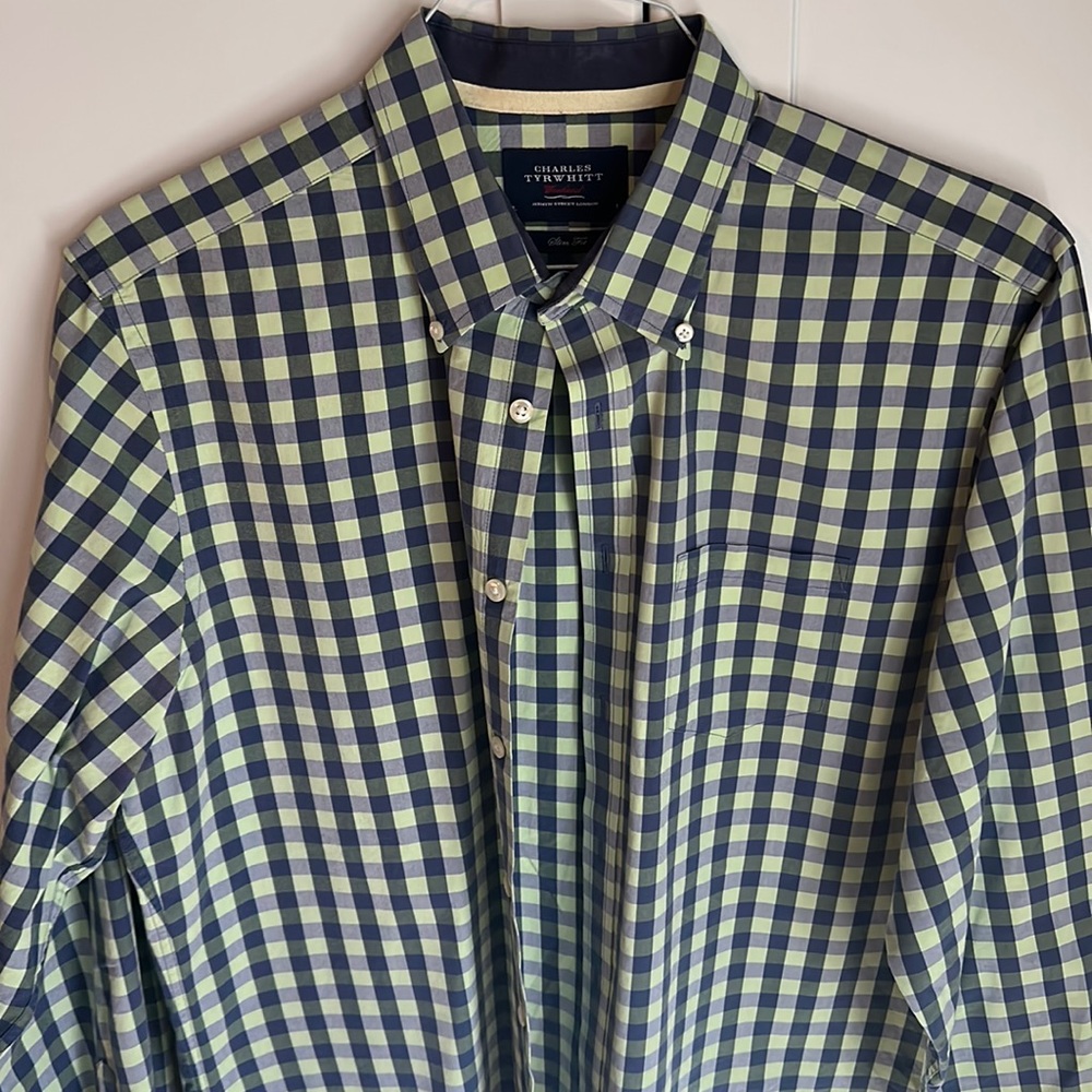 Charles Tyrwhitt Slim Fit Shirt Size L.  Navy and mint green large check